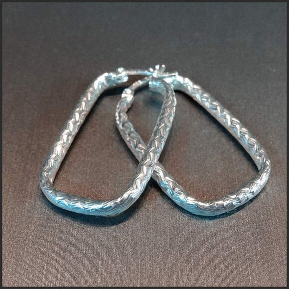 925 Sterling Silver Diamond Etched Rectangular Hoop Pierced Earrings 17088 - Picture 2 of 5